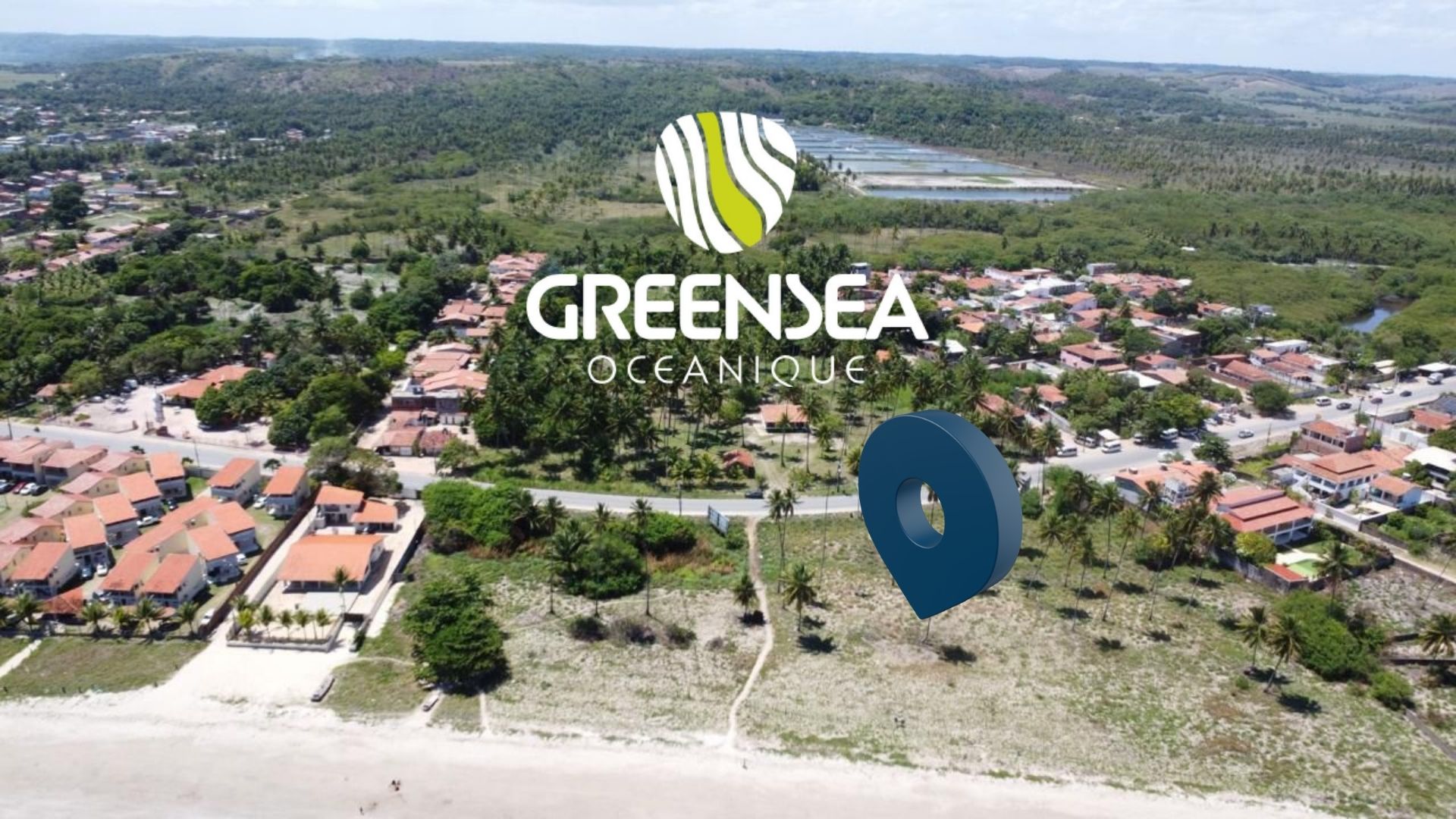 Vista aérea da localização do Green Sea Oceanique em Maragogi com pin de localização
